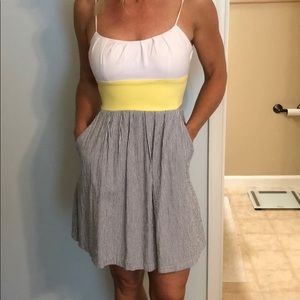 white, yellow & blue & white striped, short dress